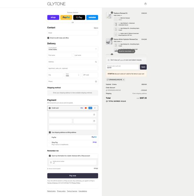 Glytone checkout page showing Glytone promo code box | Screenshot taken by SimplyCodes community member on Sep 10, 2025
