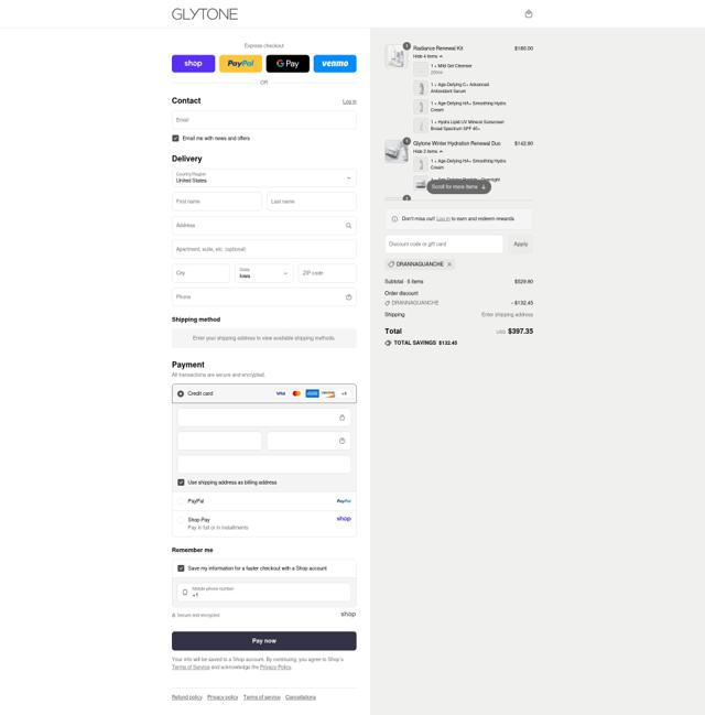 Glytone checkout page showing Glytone promo code box | Screenshot taken by SimplyCodes community member on Sep 6, 2025