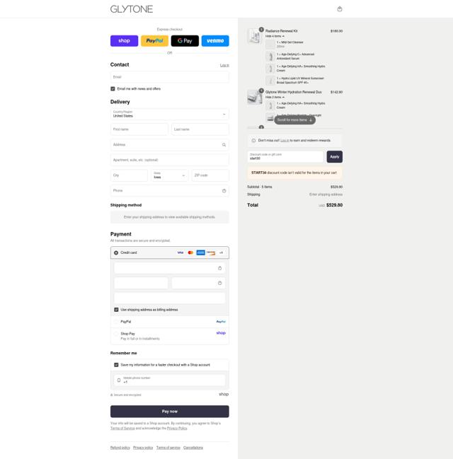 Glytone checkout page showing Glytone promo code box | Screenshot taken by SimplyCodes community member on Sep 2, 2025