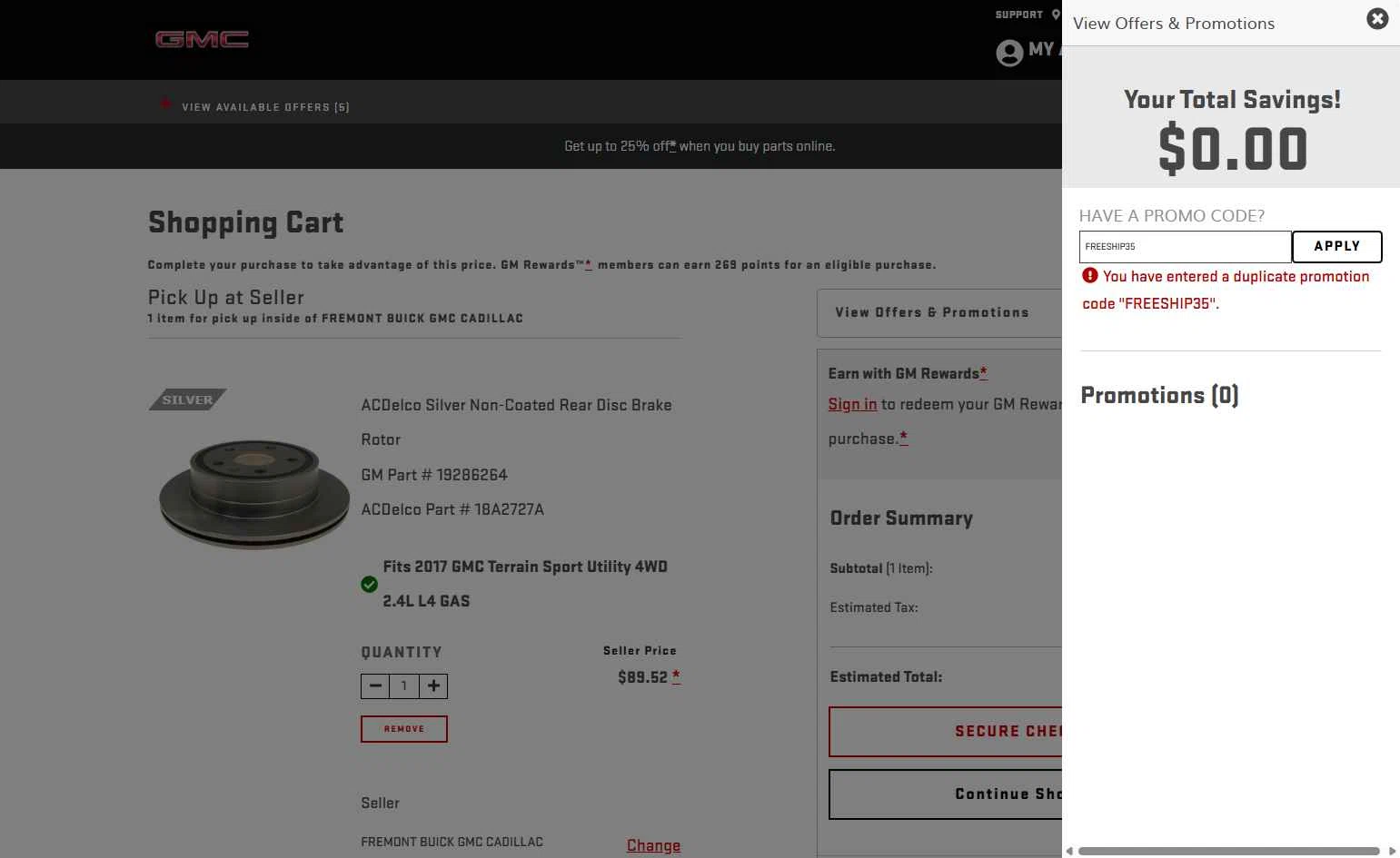 GMC checkout page showing GMC promo code box | Screenshot taken by SimplyCodes community member on Nov 2, 2025