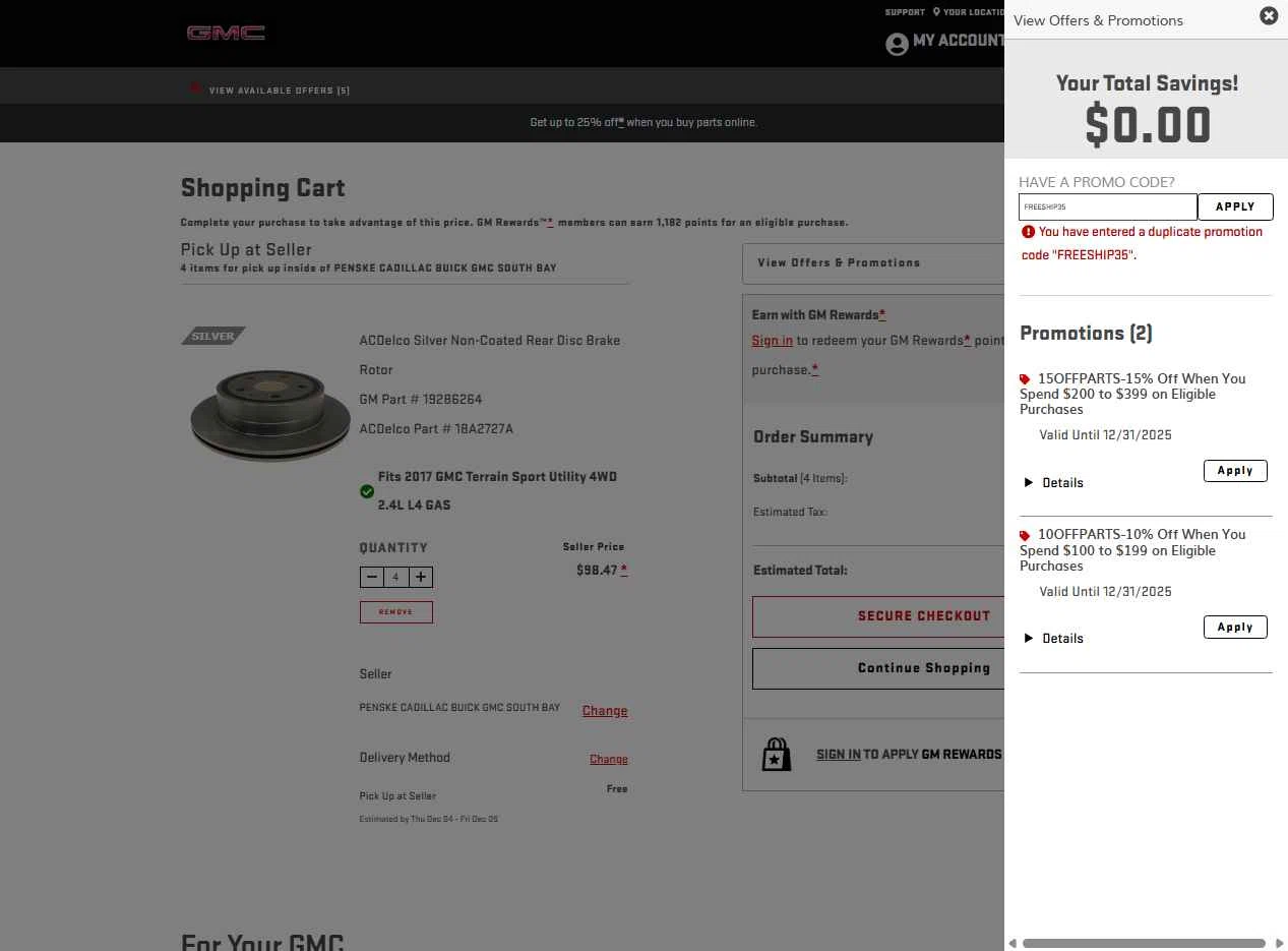 GMC checkout page showing GMC promo code box | Screenshot taken by SimplyCodes community member on Dec 2, 2025