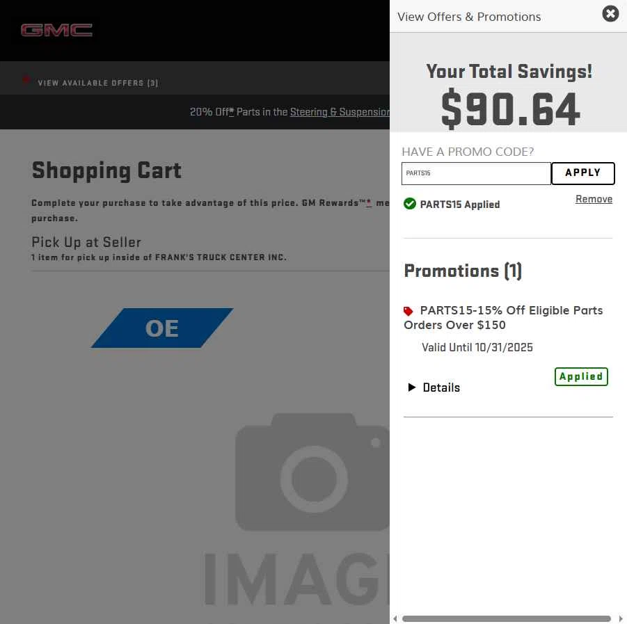 GMC checkout page showing GMC promo code box | Screenshot taken by SimplyCodes community member on Oct 14, 2025