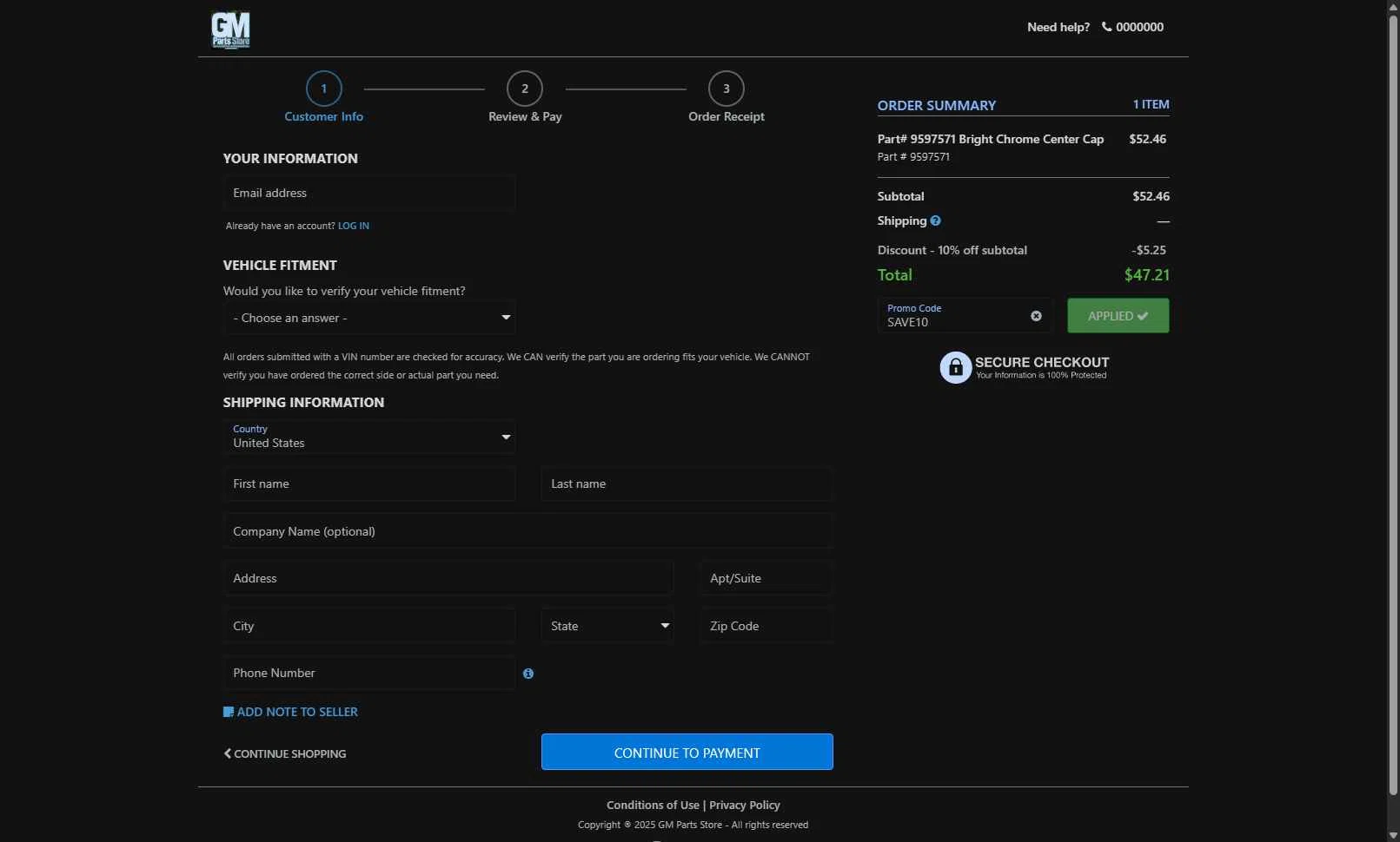 GM Parts Store checkout page showing GM Parts Store promo code box | Screenshot taken by SimplyCodes community member on Nov 25, 2025