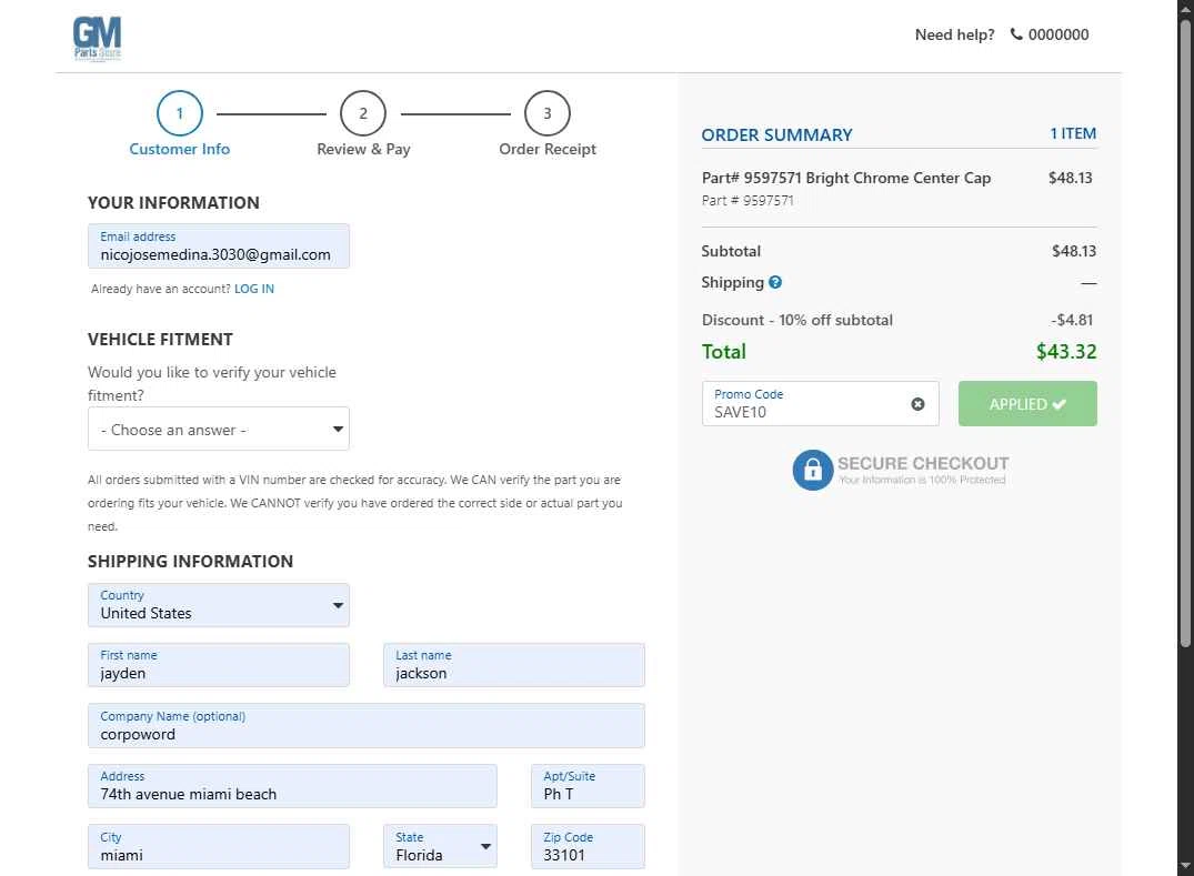 GM Parts Store checkout page showing GM Parts Store promo code box | Screenshot taken by SimplyCodes community member on Sep 28, 2025