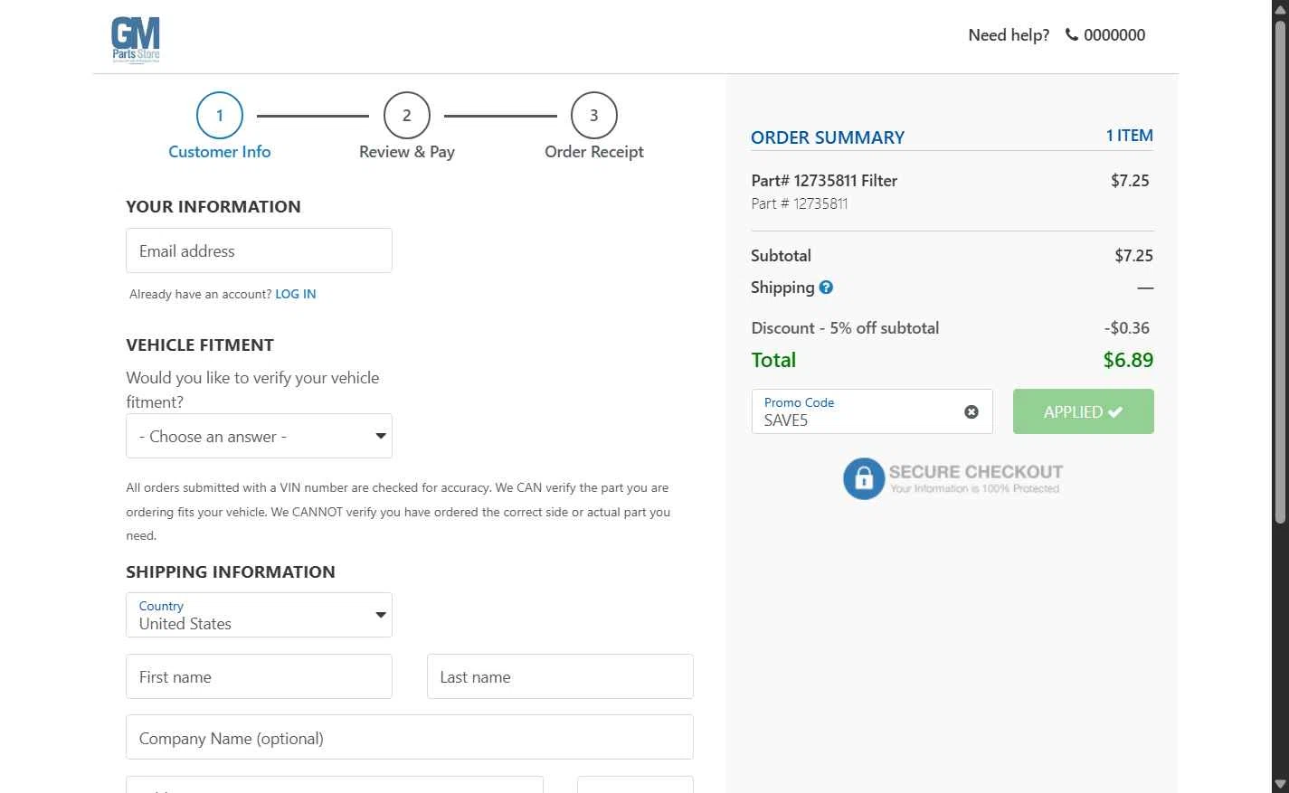 GM Parts Store checkout page showing GM Parts Store promo code box | Screenshot taken by SimplyCodes community member on Sep 20, 2025