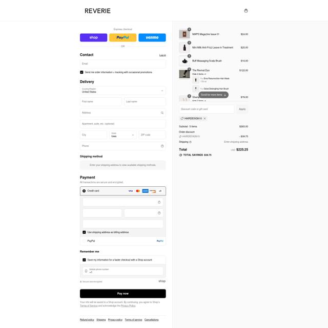 REVERIE Haircare checkout page showing REVERIE Haircare promo code box | Screenshot taken by SimplyCodes community member on Sep 9, 2025