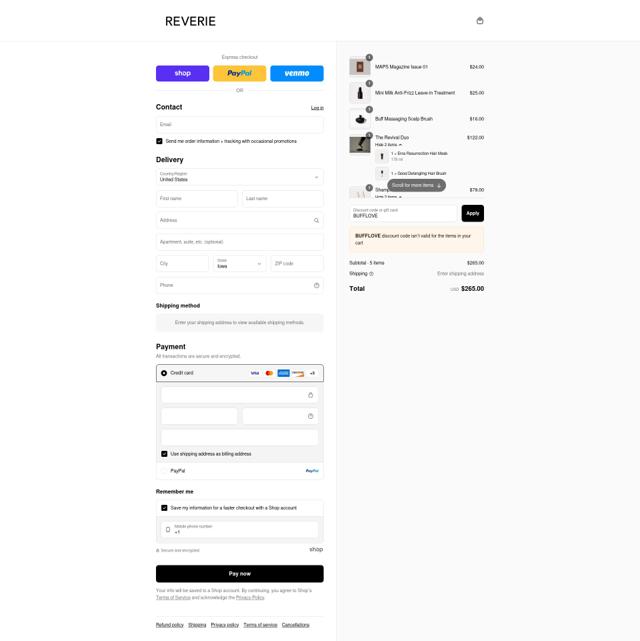 REVERIE Haircare checkout page showing REVERIE Haircare promo code box | Screenshot taken by SimplyCodes community member on Sep 9, 2025