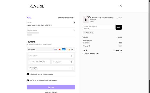 REVERIE Haircare checkout page showing REVERIE Haircare promo code box | Screenshot taken by SimplyCodes community member on Sep 9, 2025