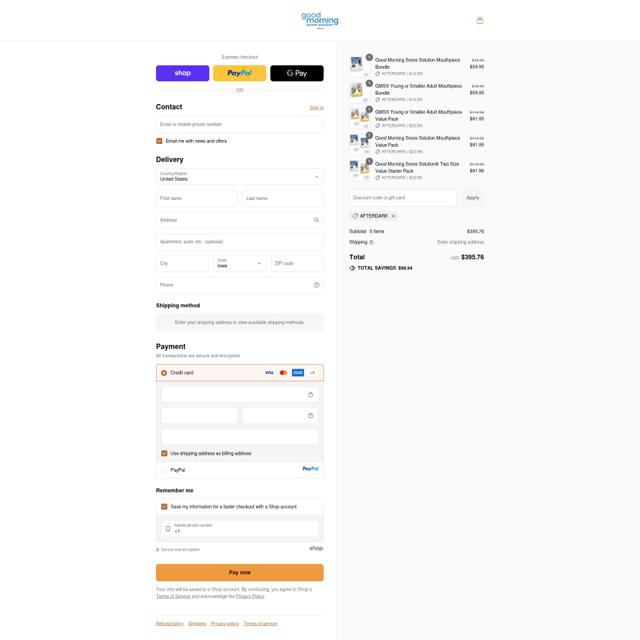 Good Morning Snore Solution checkout page showing Good Morning Snore Solution coupon code box | Screenshot taken by SimplyCodes community member on Sep 12, 2025