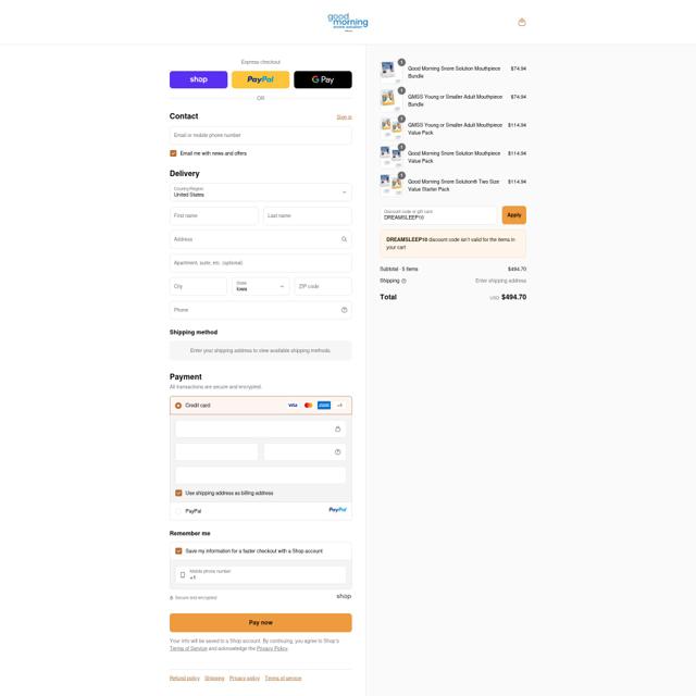 Good Morning Snore Solution checkout page showing Good Morning Snore Solution coupon code box | Screenshot taken by SimplyCodes community member on Sep 12, 2025