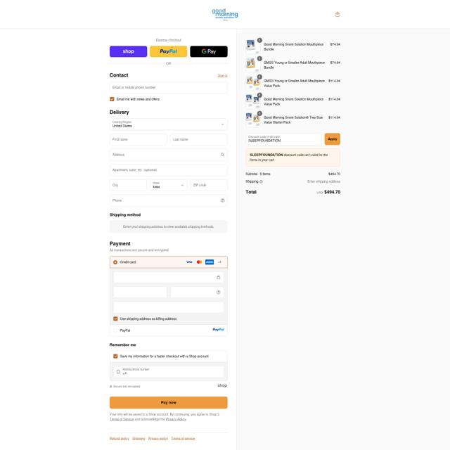 Good Morning Snore Solution checkout page showing Good Morning Snore Solution coupon code box | Screenshot taken by SimplyCodes community member on Sep 12, 2025