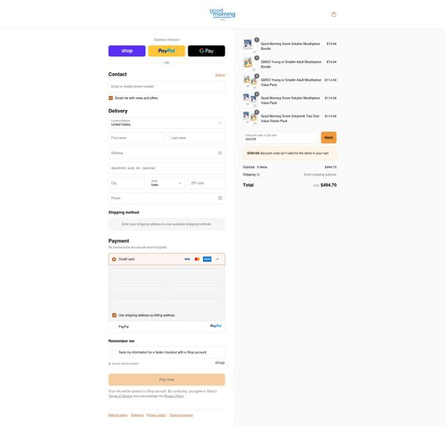 Good Morning Snore Solution checkout page showing Good Morning Snore Solution coupon code box | Screenshot taken by SimplyCodes community member on Sep 12, 2025