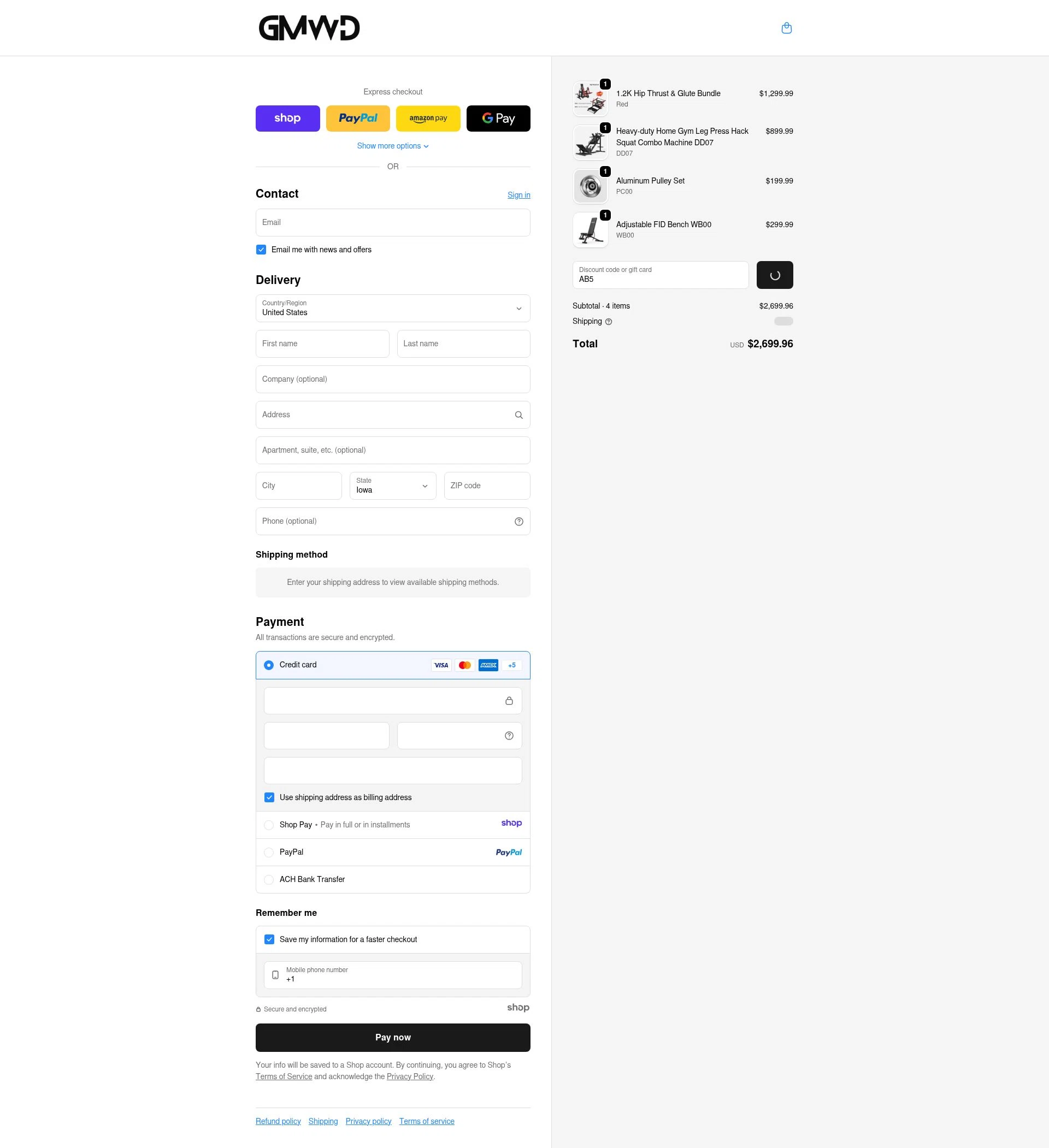 GMWD Fitness checkout page showing GMWD Fitness discount code box | Screenshot taken by SimplyCodes community member on Dec 28, 2025