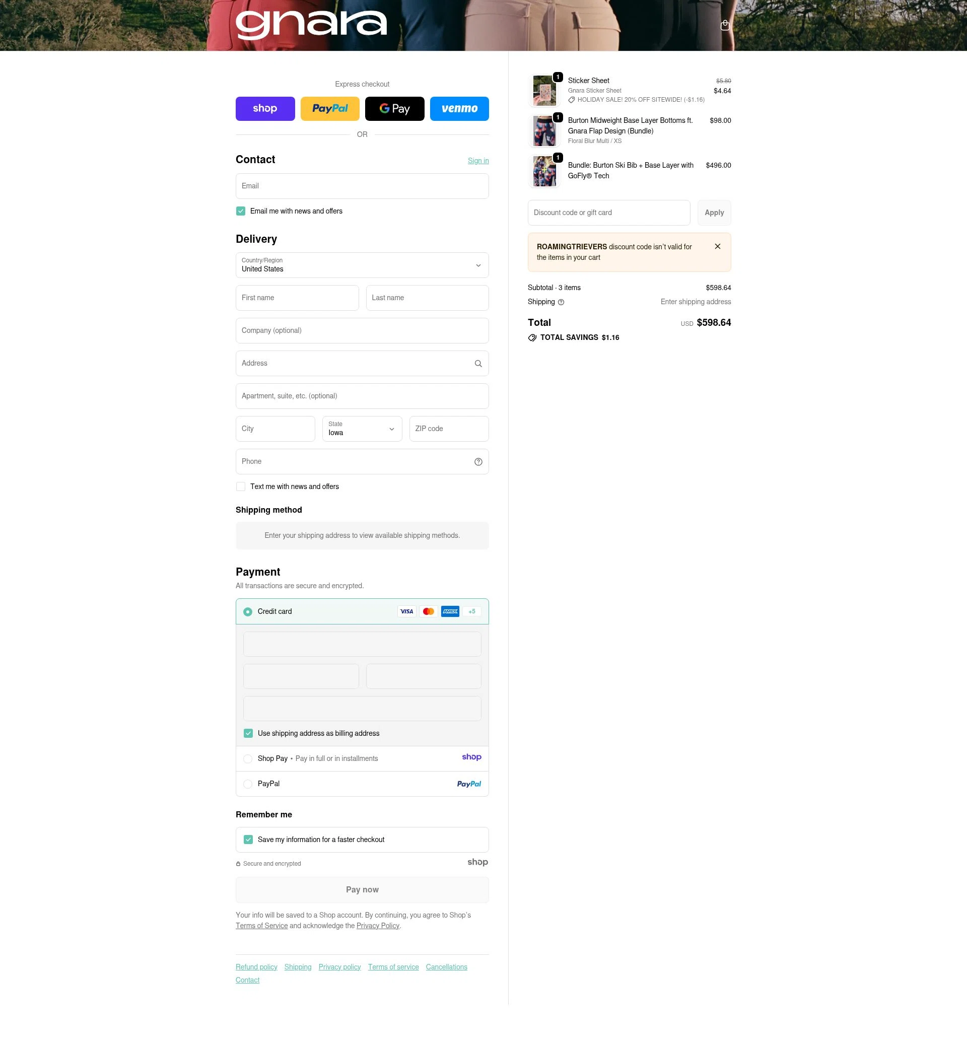 Gnara checkout page showing Gnara discount code box | Screenshot taken by SimplyCodes community member on Dec 18, 2025