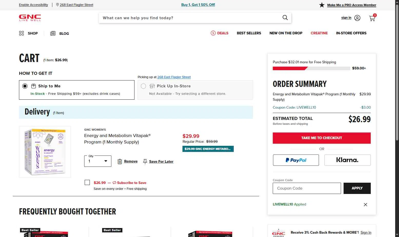 GNC checkout page showing GNC coupon code box | Screenshot taken by SimplyCodes community member on Feb 11, 2026