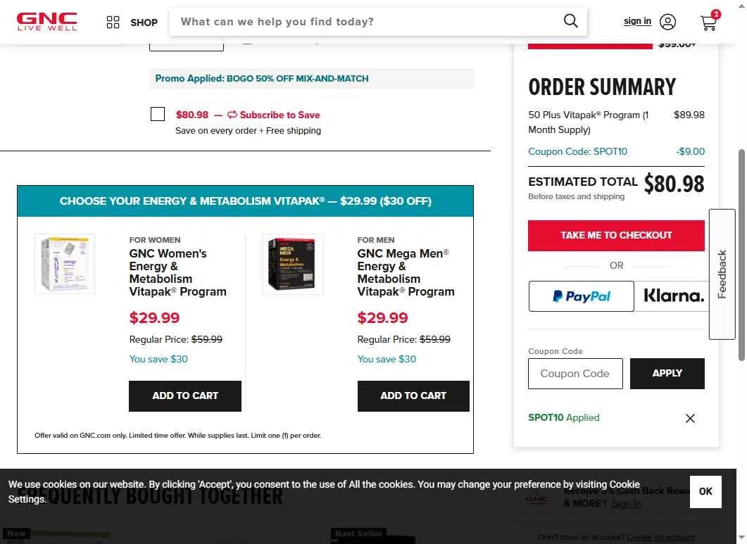 GNC checkout page showing GNC coupon code box | Screenshot taken by SimplyCodes community member on Feb 3, 2026