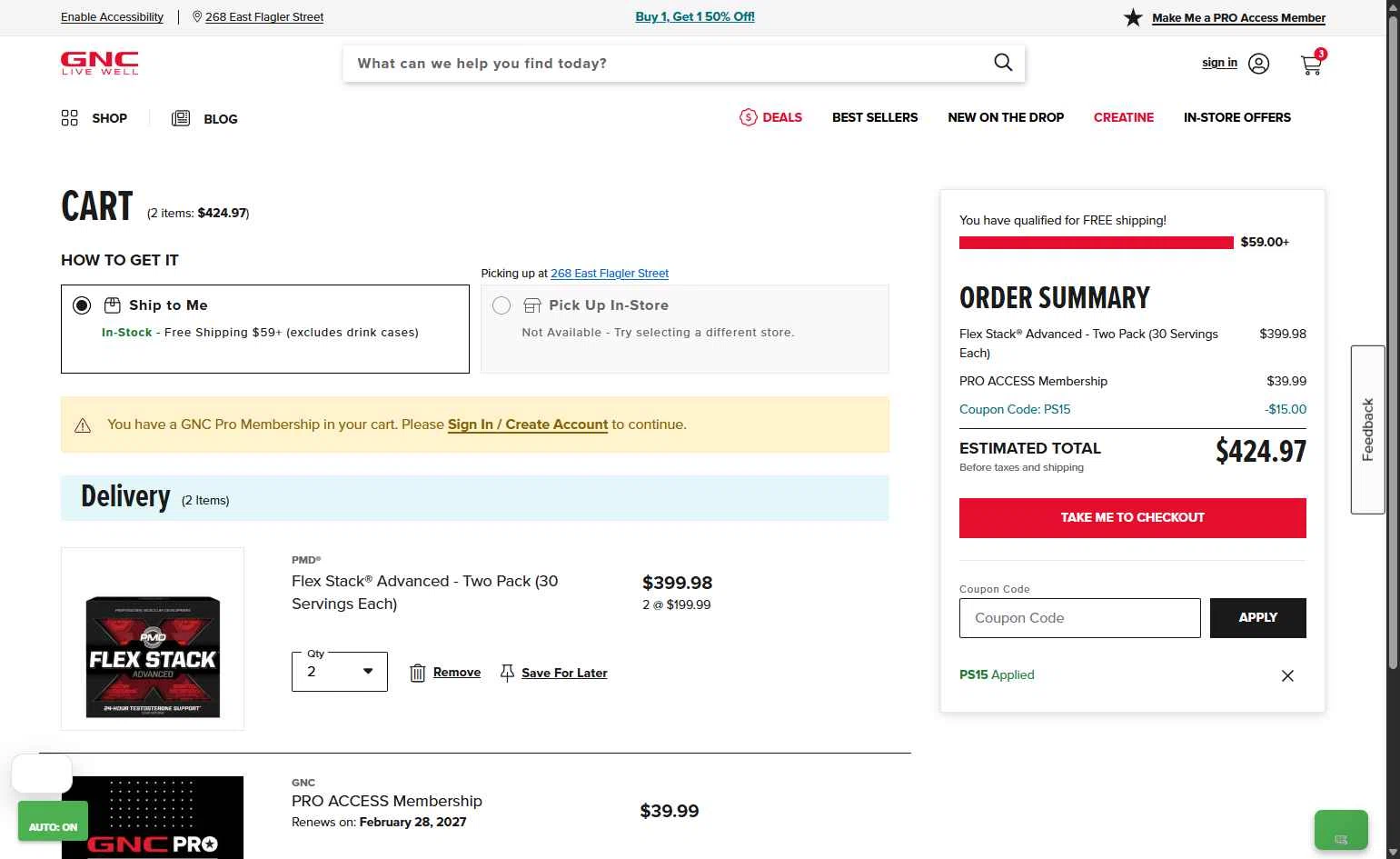 GNC checkout page showing GNC coupon code box | Screenshot taken by SimplyCodes community member on Feb 18, 2026