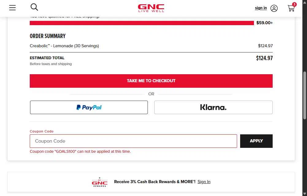 GNC checkout page showing GNC coupon code box | Screenshot taken by SimplyCodes community member on Feb 11, 2026
