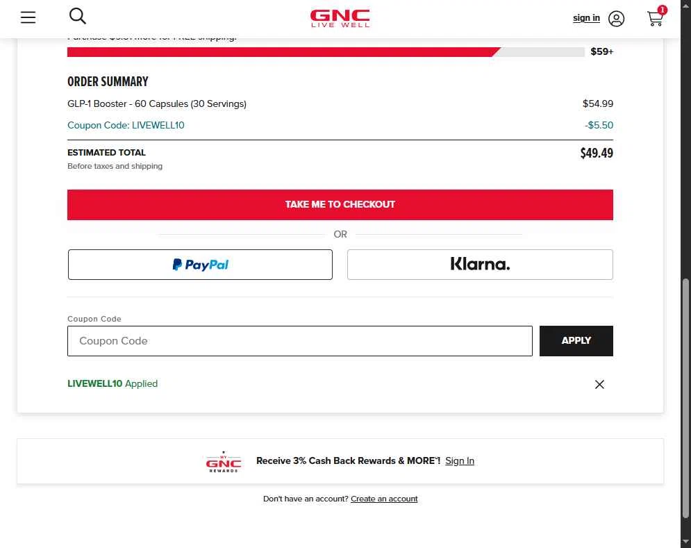 GNC checkout page showing GNC coupon code box | Screenshot taken by SimplyCodes community member on Feb 22, 2026