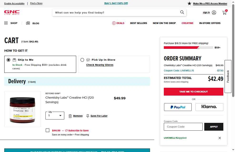 GNC checkout page showing GNC coupon code box | Screenshot taken by SimplyCodes community member on Jan 27, 2026