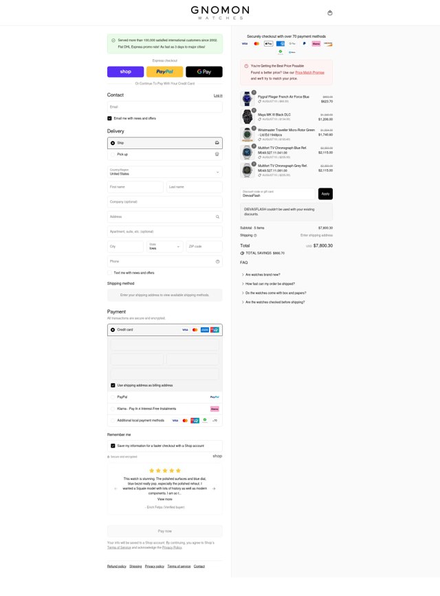 Gnomon Watches checkout page showing Gnomon Watches discount code box | Screenshot taken by SimplyCodes community member on Sep 2, 2025