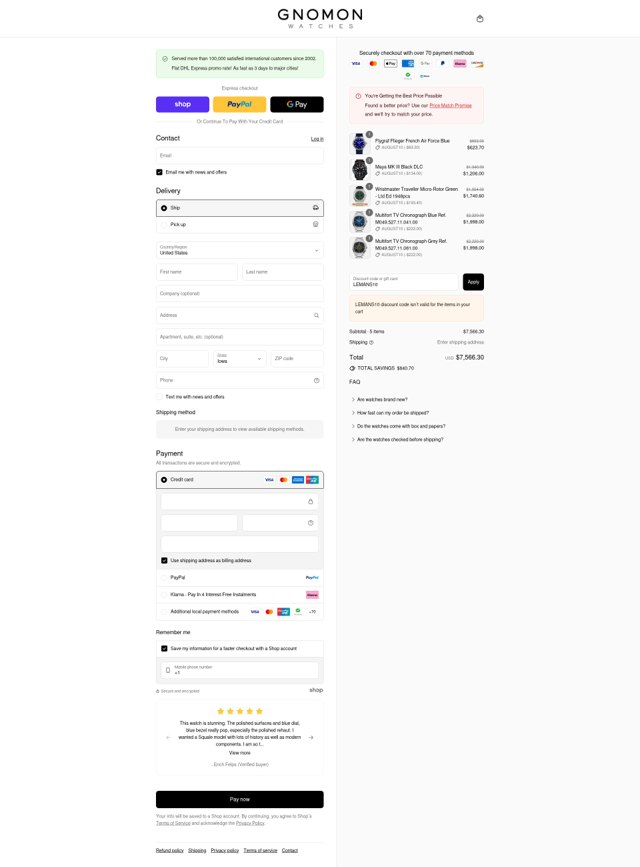 Gnomon Watches checkout page showing Gnomon Watches discount code box | Screenshot taken by SimplyCodes community member on Aug 29, 2025