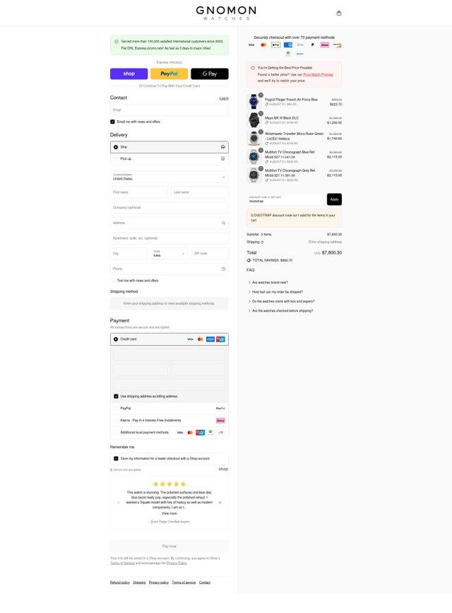 Gnomon Watches checkout page showing Gnomon Watches discount code box | Screenshot taken by SimplyCodes community member on Sep 2, 2025