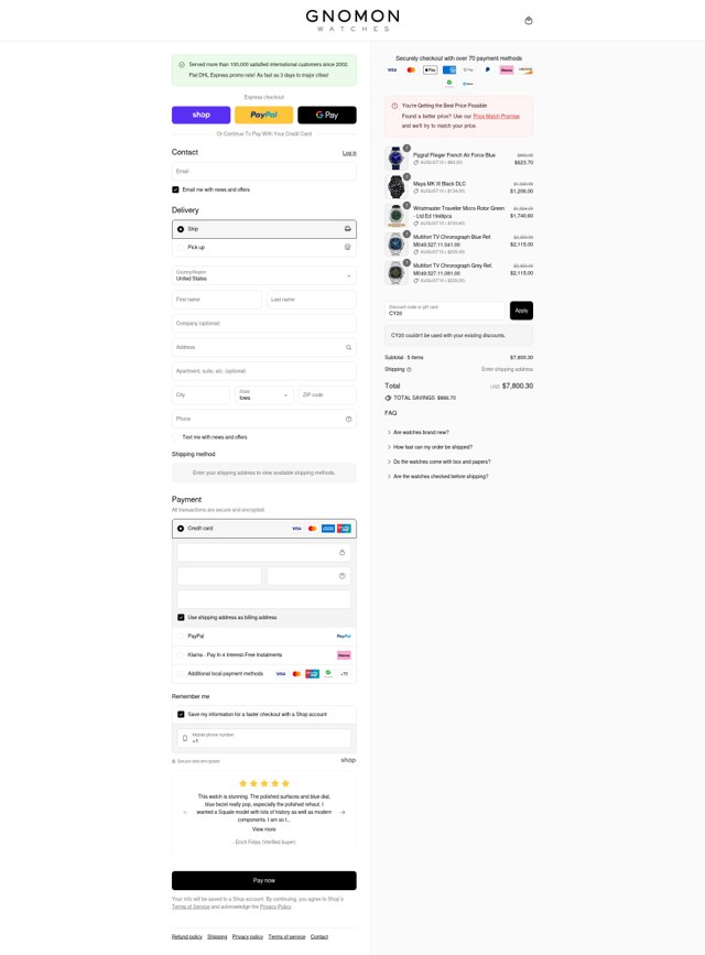 Gnomon Watches checkout page showing Gnomon Watches discount code box | Screenshot taken by SimplyCodes community member on Sep 2, 2025