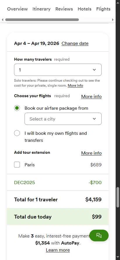 Go Ahead Tours checkout page showing Go Ahead Tours promo code box | Screenshot taken by SimplyCodes community member on Dec 25, 2025