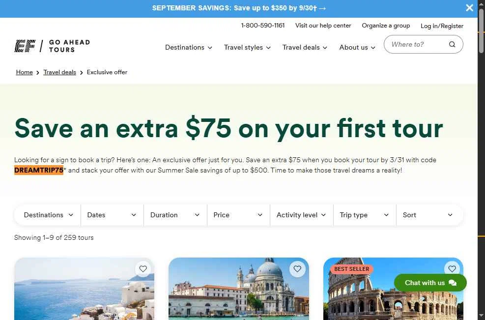 Go Ahead Tours checkout page showing Go Ahead Tours promo code box | Screenshot taken by SimplyCodes community member on Sep 23, 2025