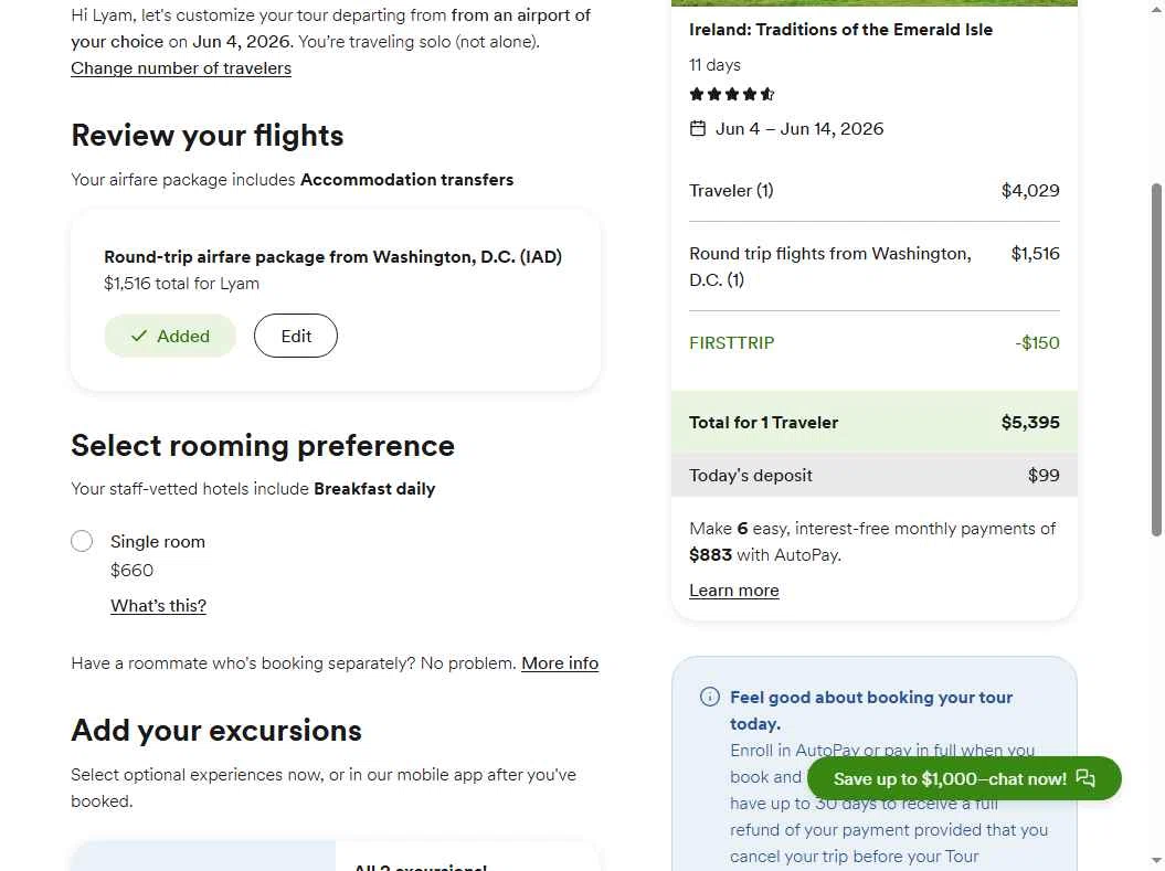 Go Ahead Tours checkout page showing Go Ahead Tours promo code box | Screenshot taken by SimplyCodes community member on Nov 24, 2025