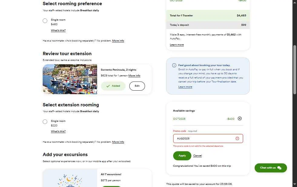 Go Ahead Tours checkout page showing Go Ahead Tours promo code box | Screenshot taken by SimplyCodes community member on Oct 12, 2025