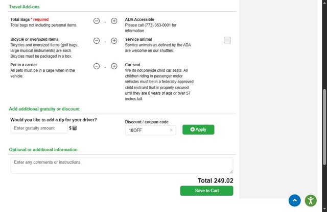 Go Airport Shuttle checkout page showing Go Airport Shuttle promo code box | Screenshot taken by SimplyCodes community member on May 14, 2025