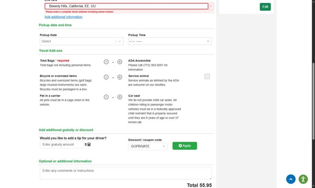 Go Airport Shuttle checkout page showing Go Airport Shuttle promo code box | Screenshot taken by SimplyCodes community member on May 2, 2025