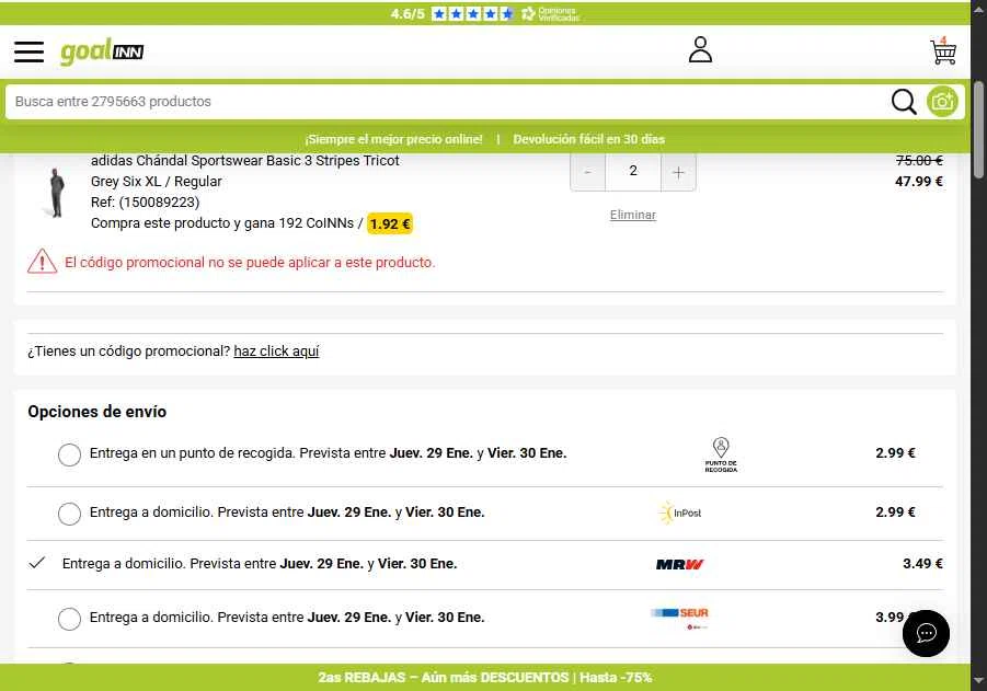 Goalinn checkout page showing Goalinn promo code box | Screenshot taken by SimplyCodes community member on Jan 28, 2026
