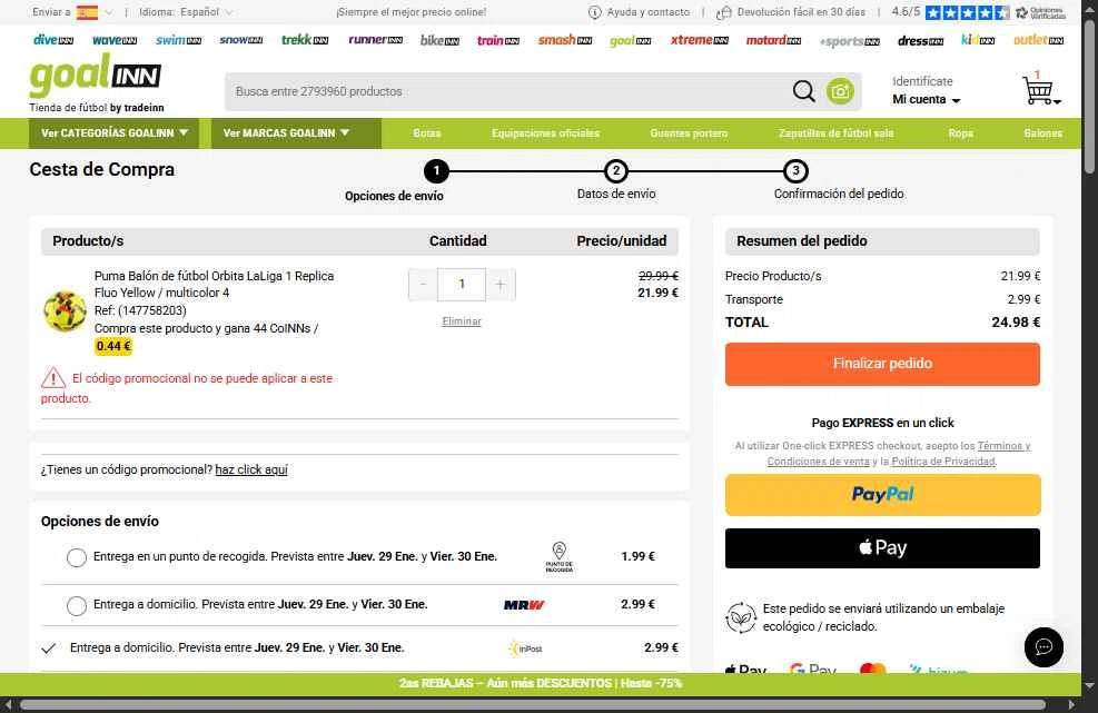 Goalinn checkout page showing Goalinn promo code box | Screenshot taken by SimplyCodes community member on Jan 28, 2026