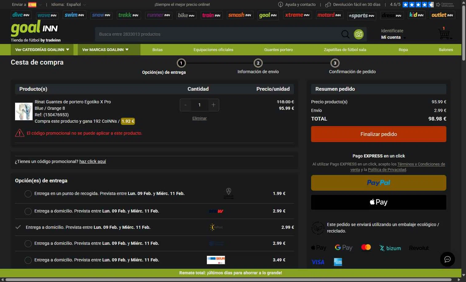 Goalinn checkout page showing Goalinn promo code box | Screenshot taken by SimplyCodes community member on Feb 8, 2026