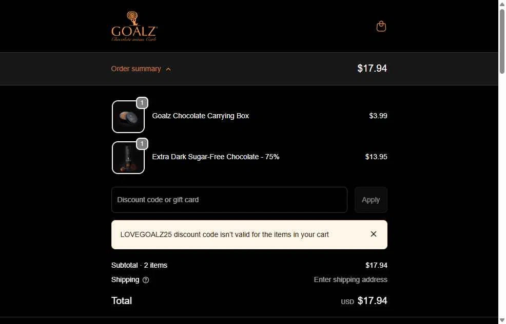 Goalz checkout page showing Goalz discount code box | Screenshot taken by SimplyCodes community member on Feb 4, 2026