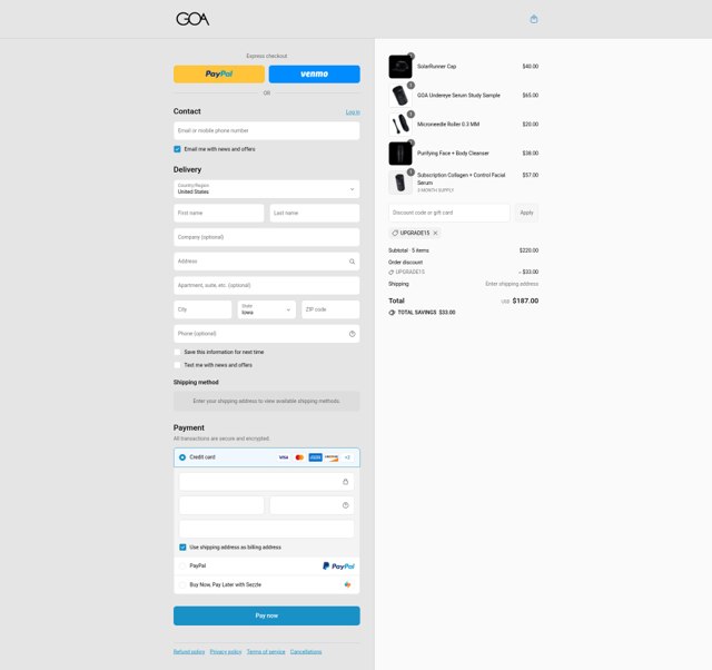 GOA Skincare checkout page showing GOA Skincare discount code box | Screenshot taken by SimplyCodes community member on Aug 8, 2025