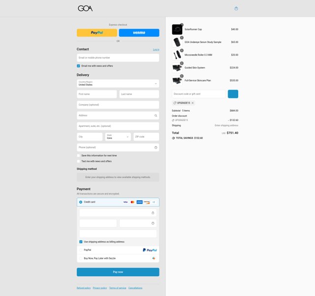 GOA Skincare checkout page showing GOA Skincare discount code box | Screenshot taken by SimplyCodes community member on Aug 4, 2025