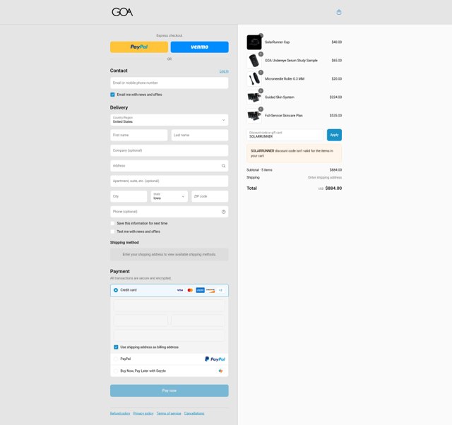 GOA Skincare checkout page showing GOA Skincare discount code box | Screenshot taken by SimplyCodes community member on Aug 4, 2025