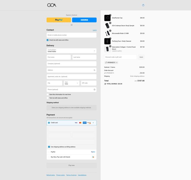 GOA Skincare checkout page showing GOA Skincare discount code box | Screenshot taken by SimplyCodes community member on Aug 22, 2025