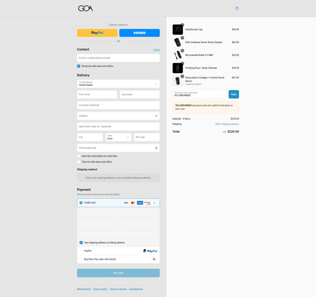 GOA Skincare checkout page showing GOA Skincare discount code box | Screenshot taken by SimplyCodes community member on Aug 8, 2025