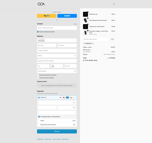 GOA Skincare checkout page showing GOA Skincare discount code box | Screenshot taken by SimplyCodes community member on Aug 30, 2025