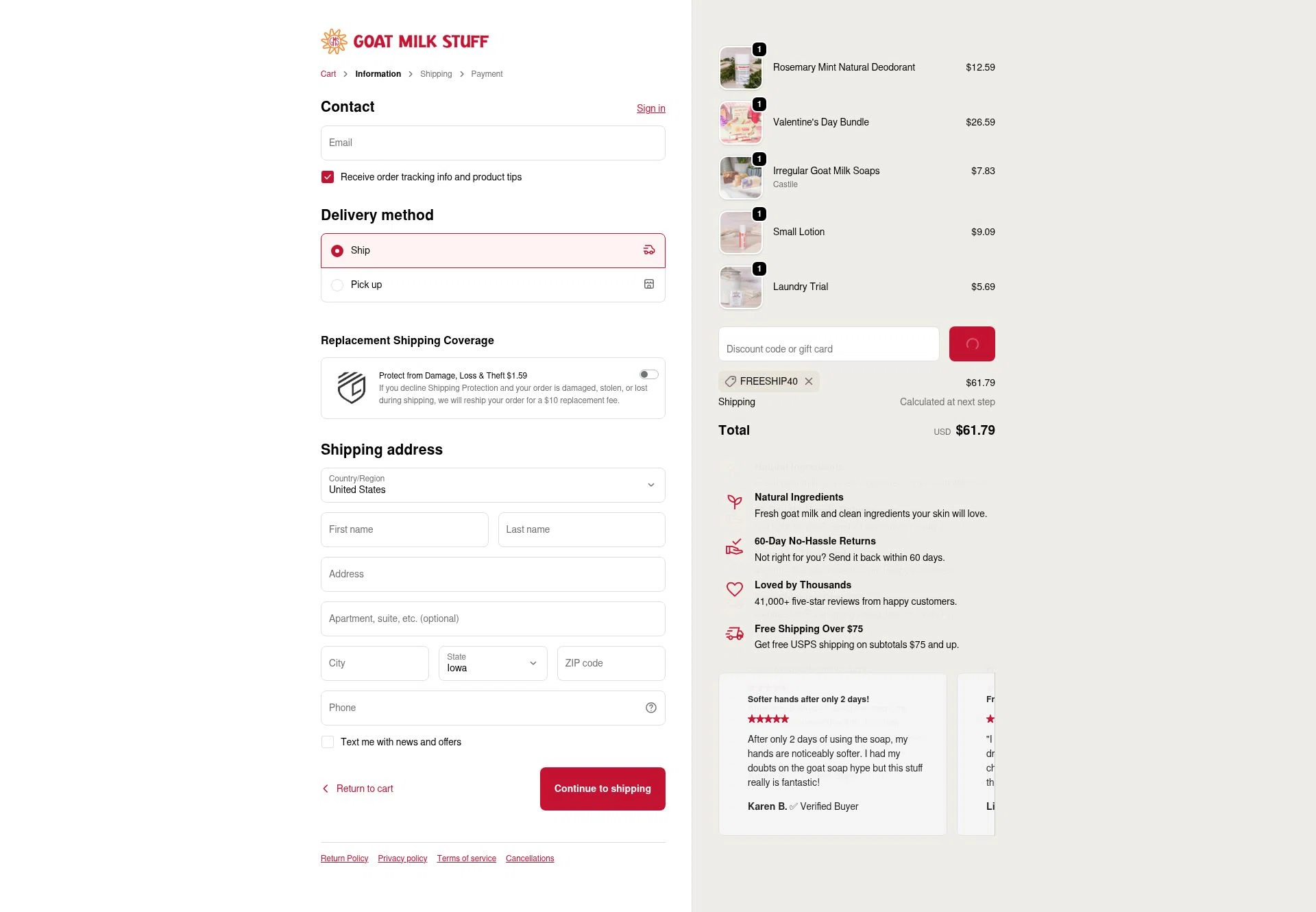Goat Milk Stuff checkout page showing Goat Milk Stuff coupon code box | Screenshot taken by SimplyCodes community member on Feb 11, 2026