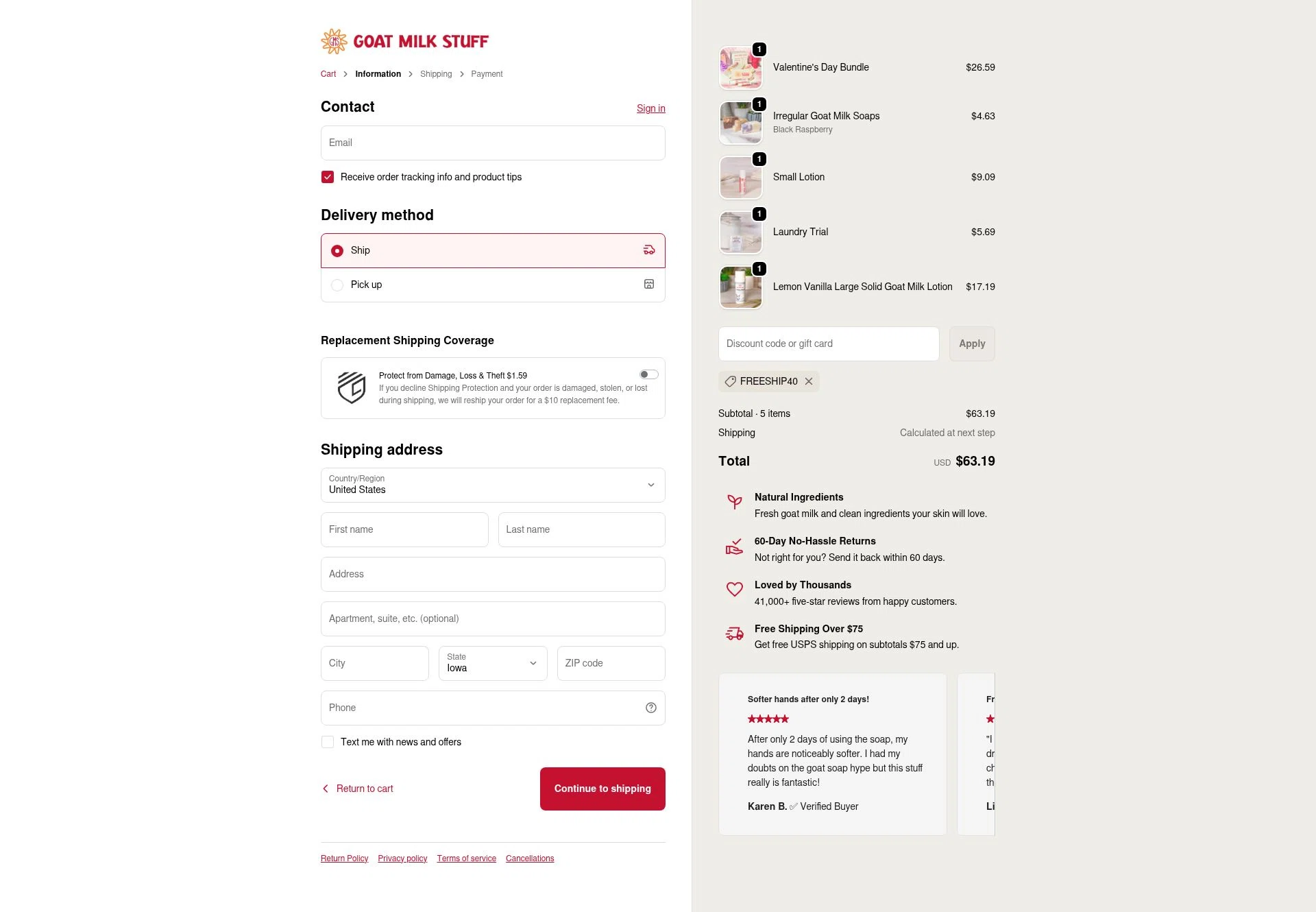 Goat Milk Stuff checkout page showing Goat Milk Stuff coupon code box | Screenshot taken by SimplyCodes community member on Feb 7, 2026