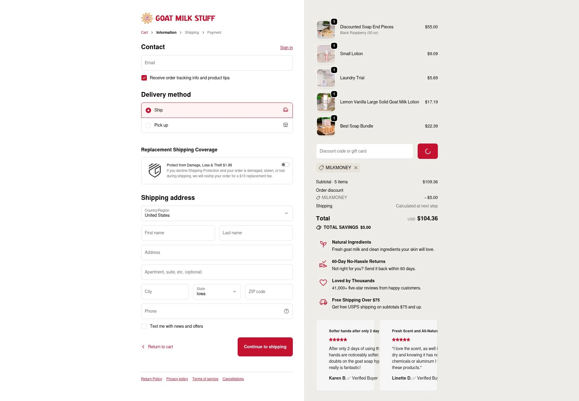 Goat Milk Stuff checkout page showing Goat Milk Stuff coupon code box | Screenshot taken by SimplyCodes community member on Feb 2, 2026