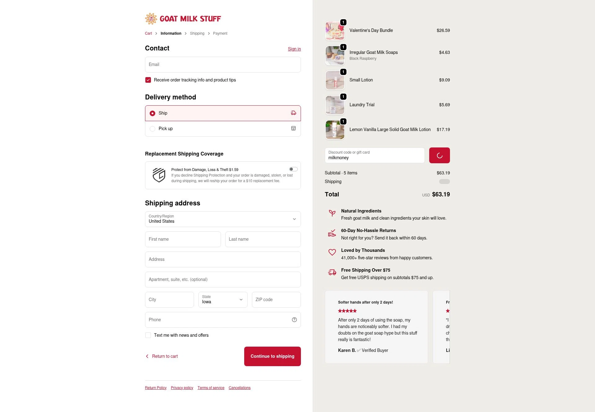 Goat Milk Stuff checkout page showing Goat Milk Stuff coupon code box | Screenshot taken by SimplyCodes community member on Feb 7, 2026