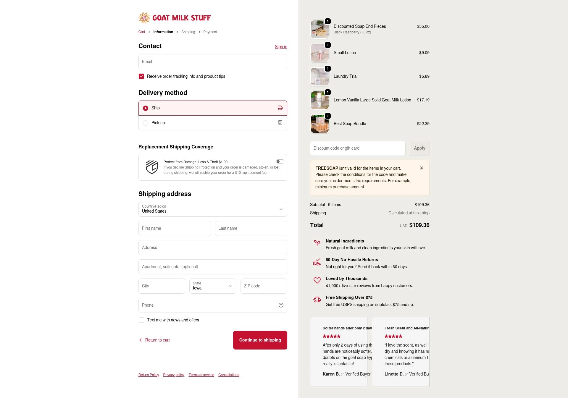 Goat Milk Stuff checkout page showing Goat Milk Stuff coupon code box | Screenshot taken by SimplyCodes community member on Feb 2, 2026