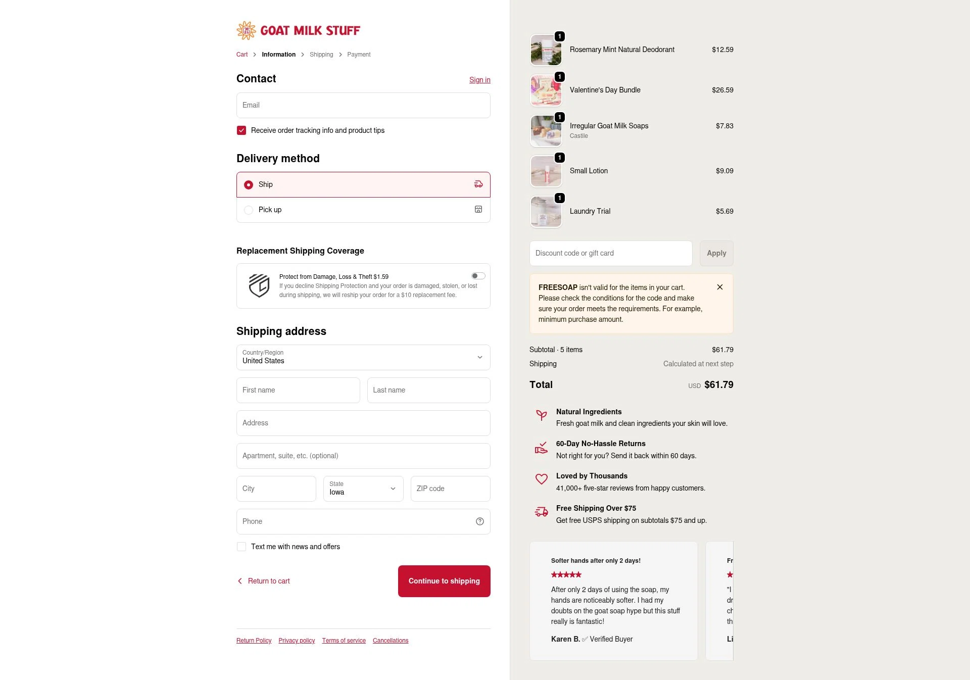 Goat Milk Stuff checkout page showing Goat Milk Stuff coupon code box | Screenshot taken by SimplyCodes community member on Feb 11, 2026